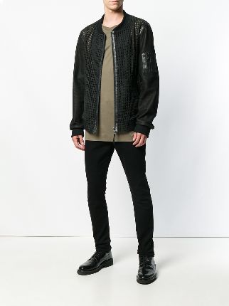 collarless leather mesh-like jacket展示图