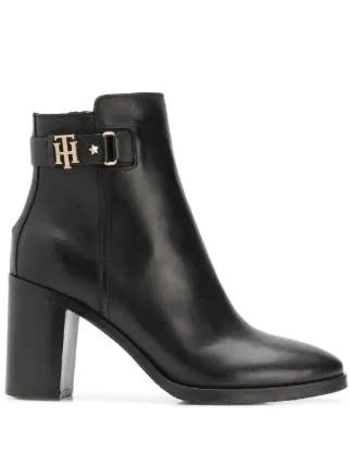 tommy hilfiger th buckle mid heel boot leather