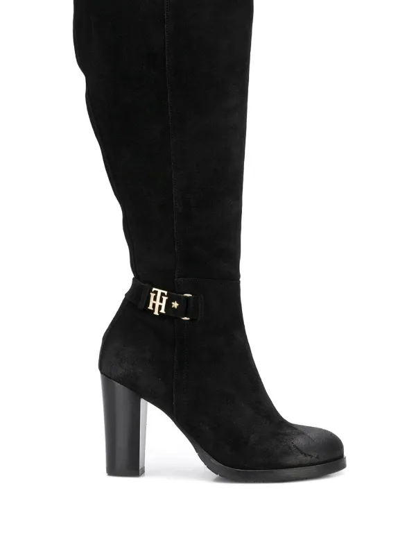 tommy hilfiger th buckle mid heel boot leather