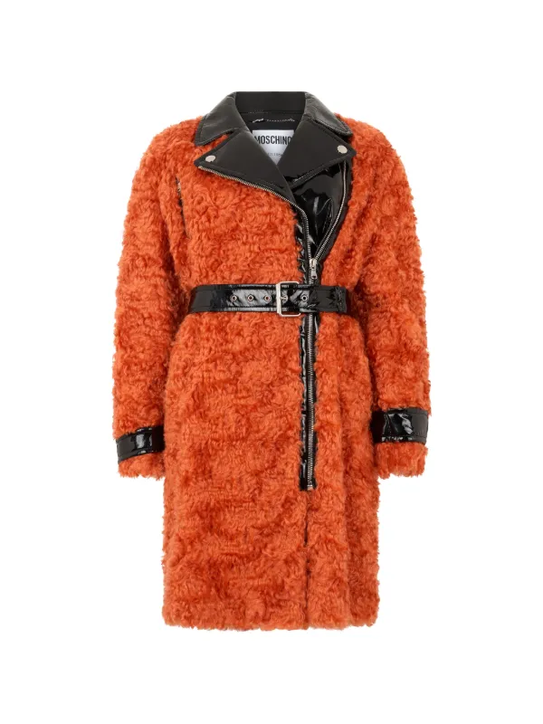 Moschino Belted Shearling Coat in Orange