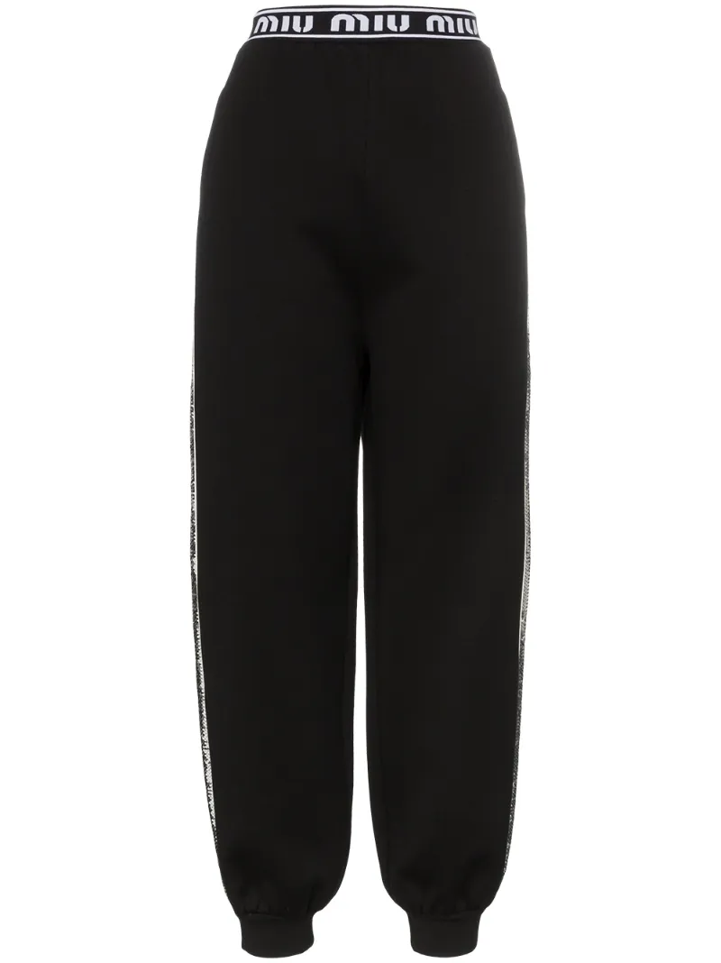 Miu Miu Logo band sequin stripe cotton blend trackie bottoms