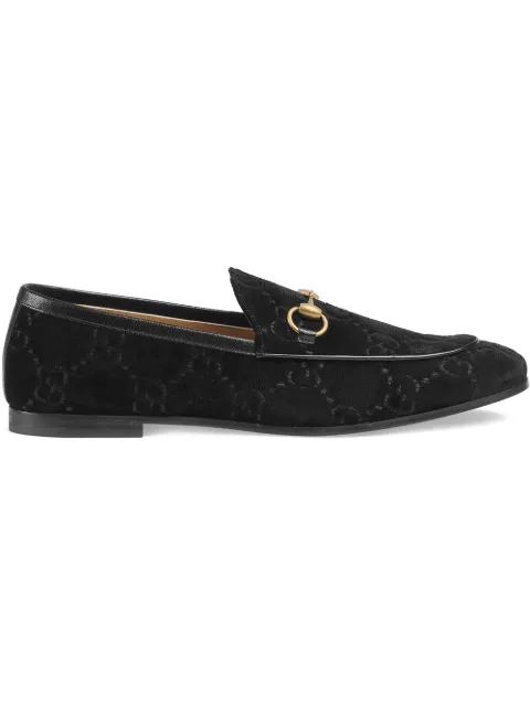 Click to view more detailed imagery on our partner's website Gucci New Jordaan Horsebit Leather-Trimmed Logo-Embroidered Velvet Loafers In 1000 Black