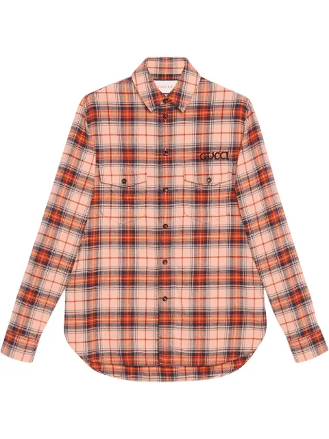 Click to view more detailed imagery on our partner's website Gucci Check Cotton Shirt With Paramount Logo In 9511 Beige/blue/red