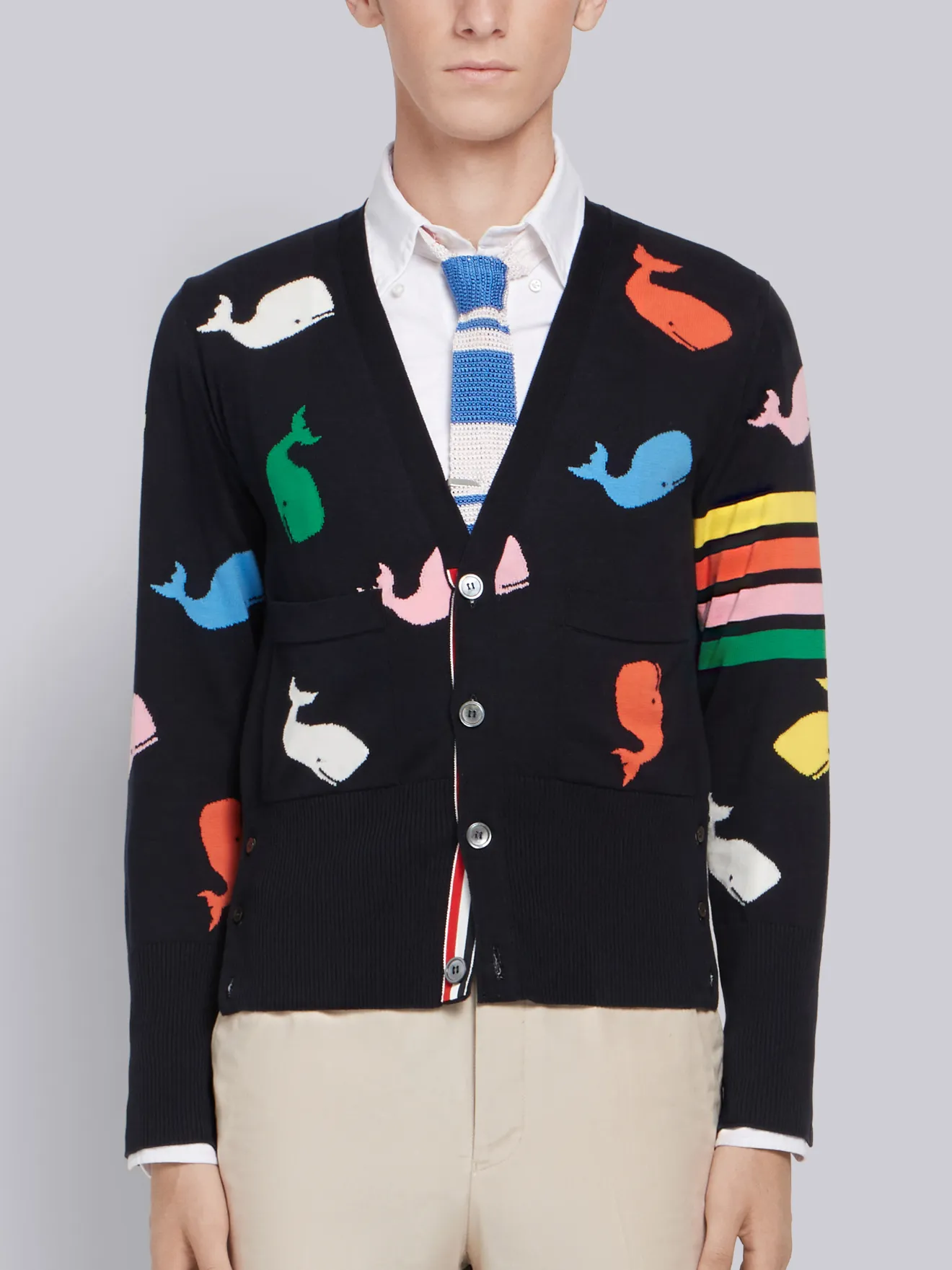 4-Bar Whale Icon Intarsia Cardigan 
