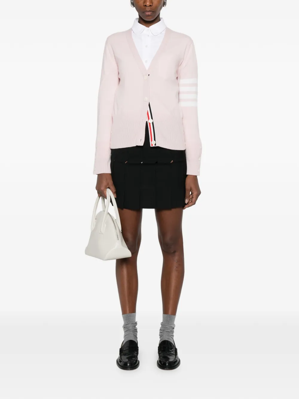 Thom Browne Classic Cashmere 4-Bar V-neck Cardigan in Pink, view 2