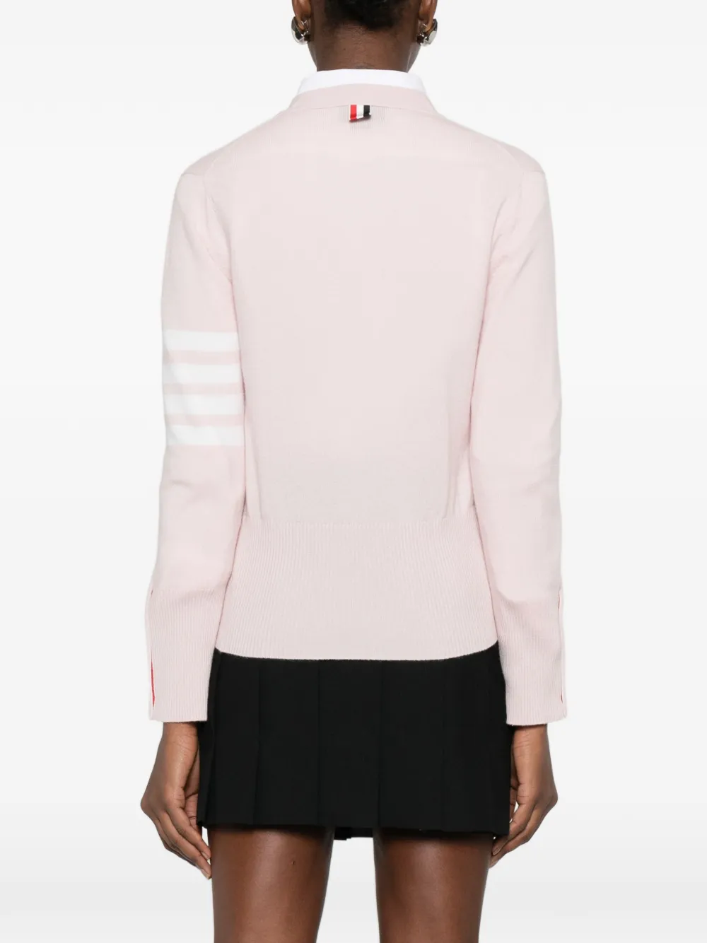 Thom Browne Classic Cashmere 4-Bar V-neck Cardigan in Pink, view 4