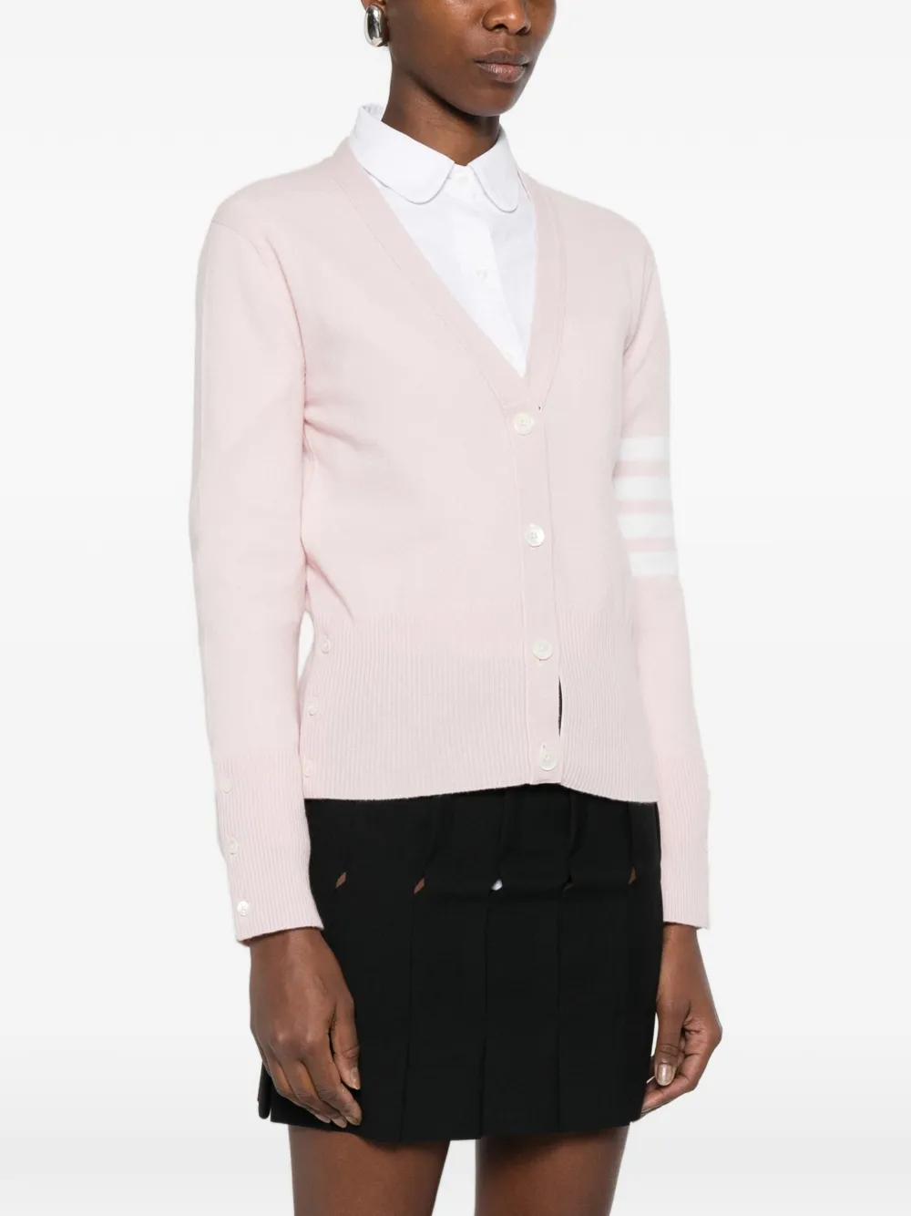 Thom Browne Classic Cashmere 4-Bar V-neck Cardigan in Pink, view 3