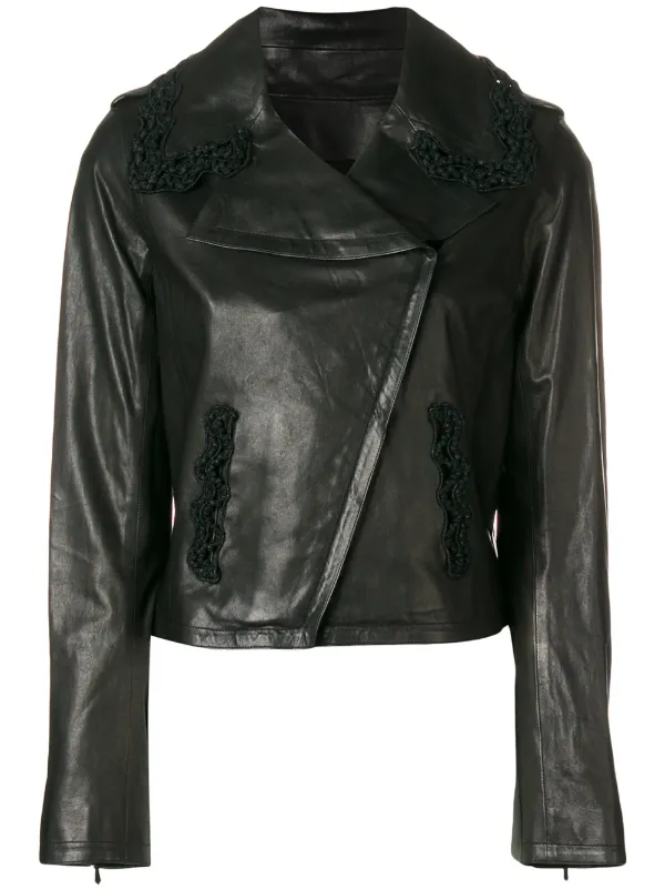 Black Chanel Pre Owned 2009 Crochet Trimmed Leather Jacket