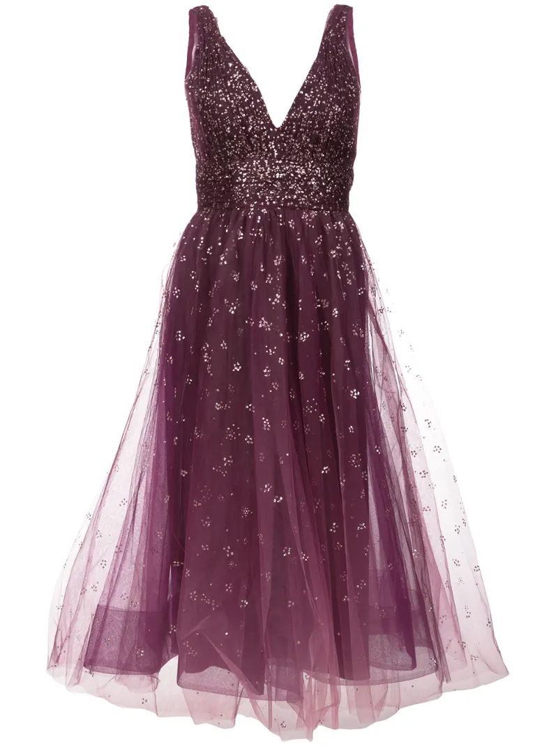 Marchesa Notte пышное платье миди с глубоким вырезом