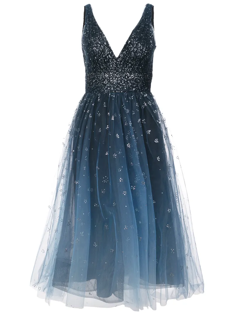 Marchesa Notte пышное платье миди с глубоким вырезом