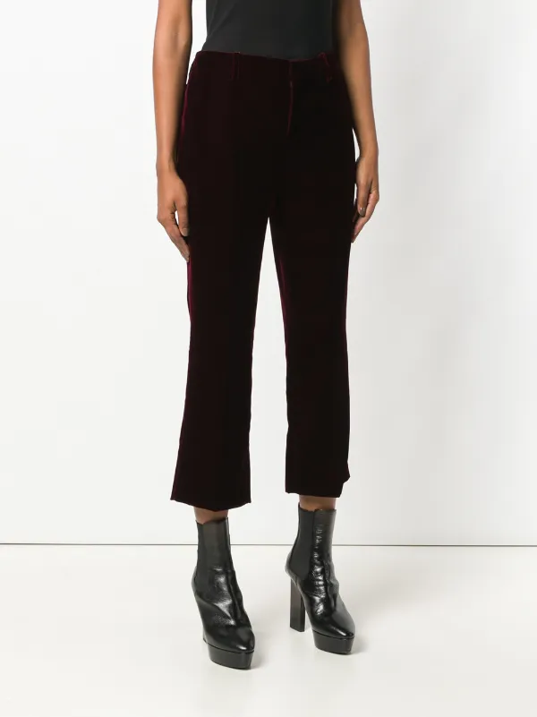 Saint Laurent Burgundy Mid Rise Flared Velvet Trousers | Red