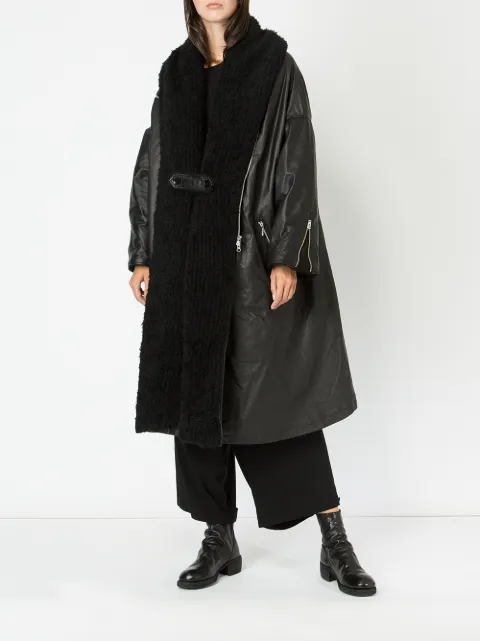 YOHJI YAMAMOTO YOHJI YAMAMOTO LONG WOOL COLLAR LEATHER COAT - BLACK