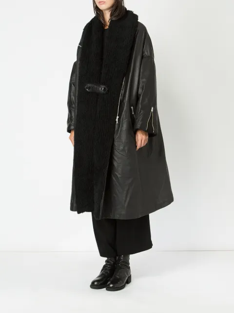 YOHJI YAMAMOTO YOHJI YAMAMOTO LONG WOOL COLLAR LEATHER COAT - BLACK