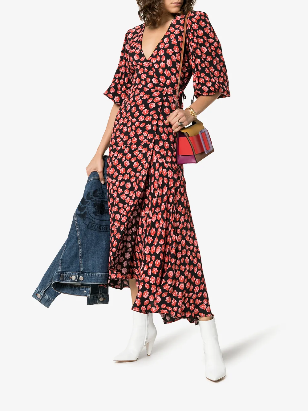 Shop Ganni Lindale Floral Print Wrap Dress In 403 Fiery Red