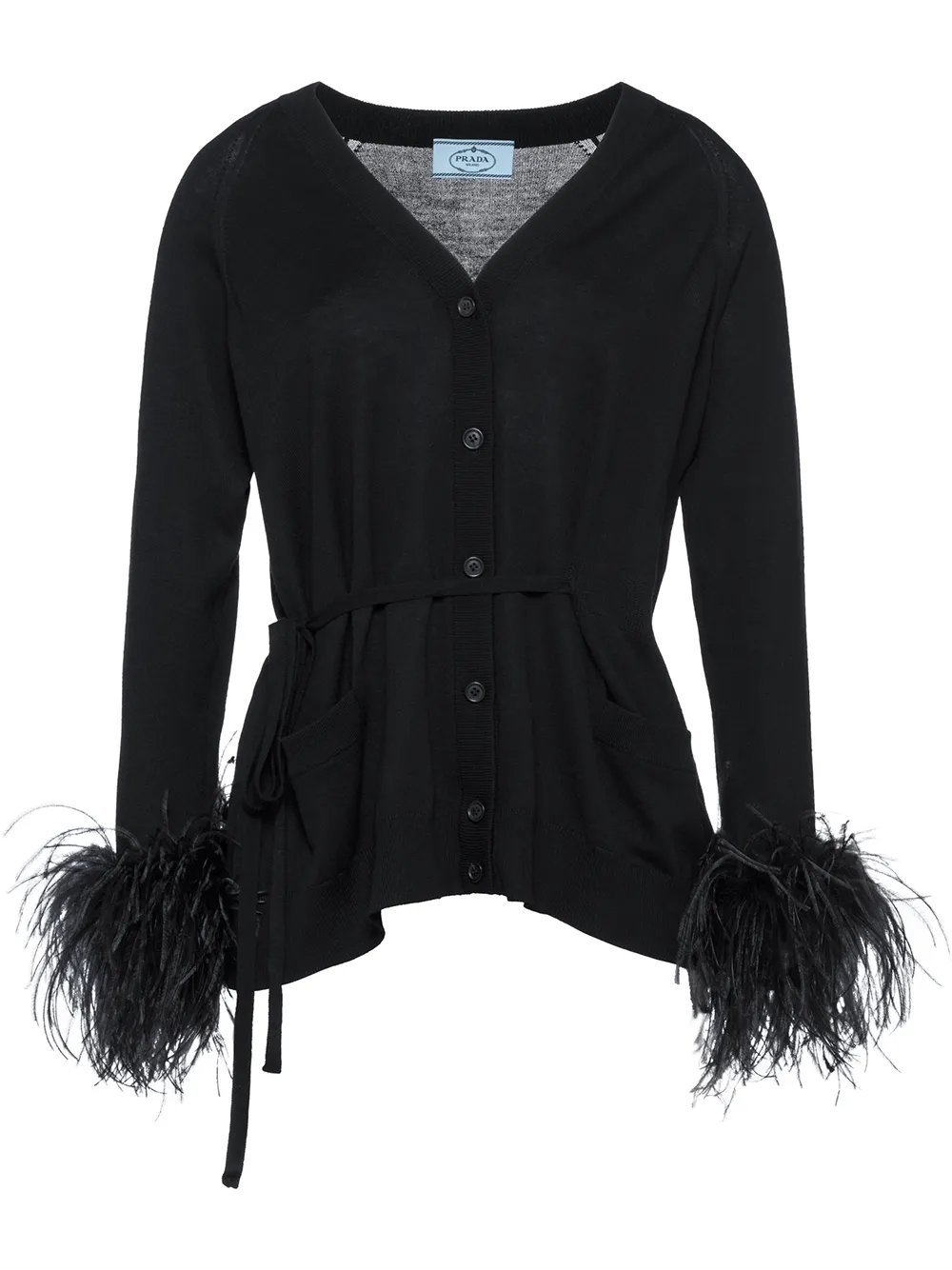 Prada feather-embellished belted cardigan Zwart