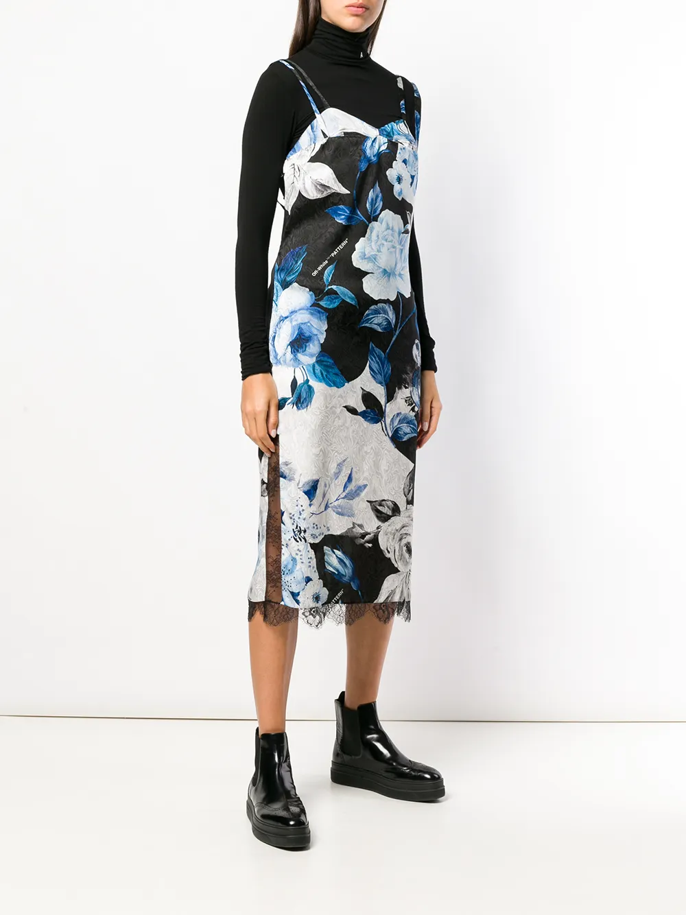  Off White Midikleid Mit Rosen Print   Schwarz 