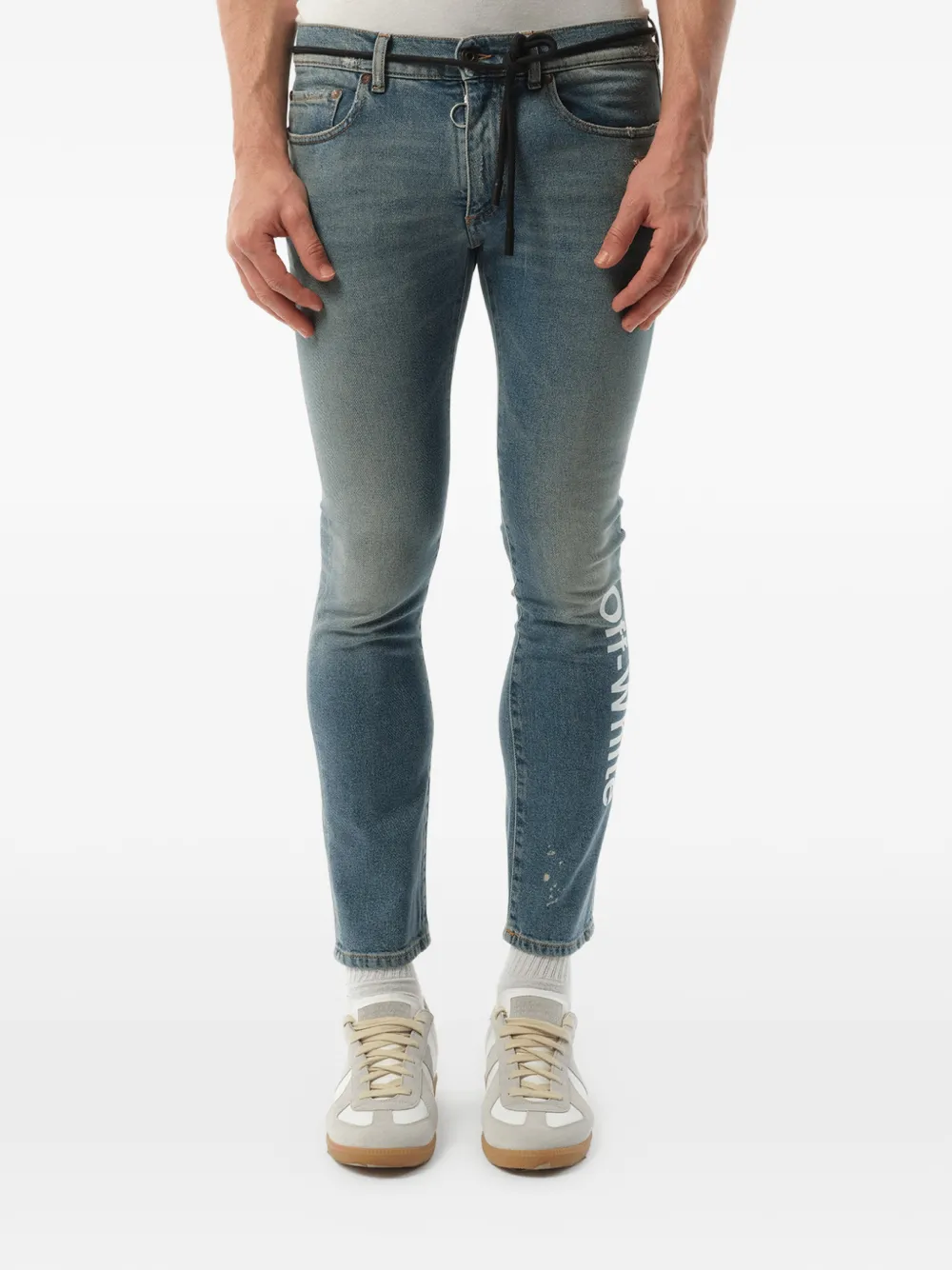 Off-White Skinny-Jeans mit Kordelgürtel - Blau