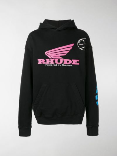 Rhude logo print cotton hoodie black | MODES