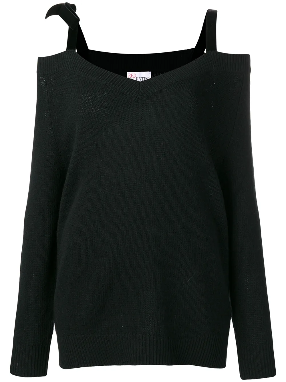 red valentino 天鹅绒缎带露肩毛衣 - 黑色