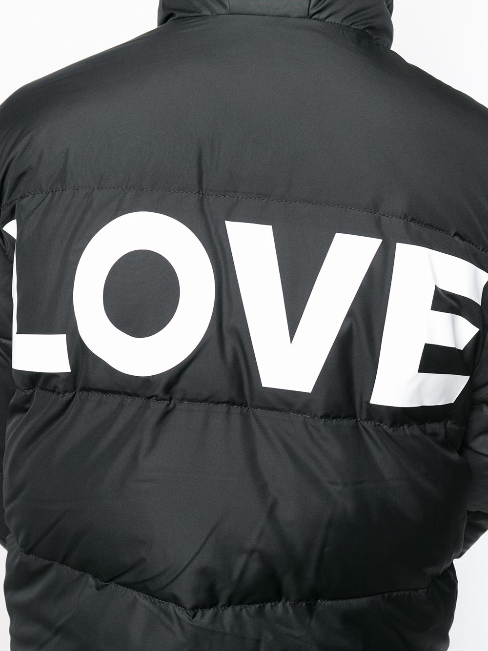 black puffer coat with love on the back