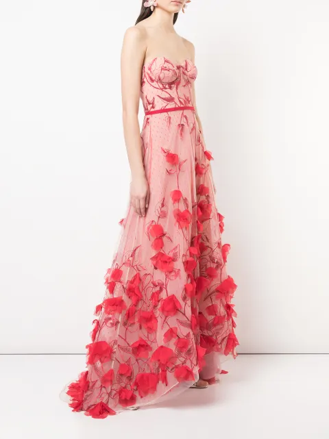 Marchesa Notte Strapless Floral Dress In Red
