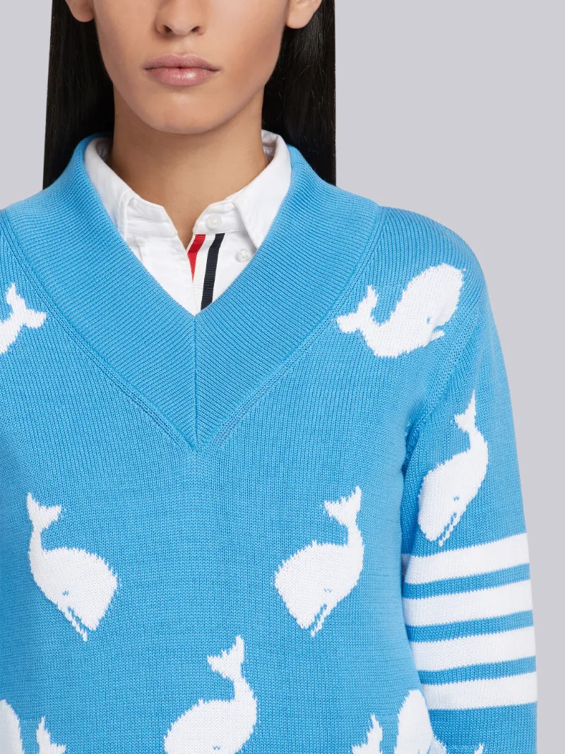 4-Bar Whale Icon Intarsia Pullover 