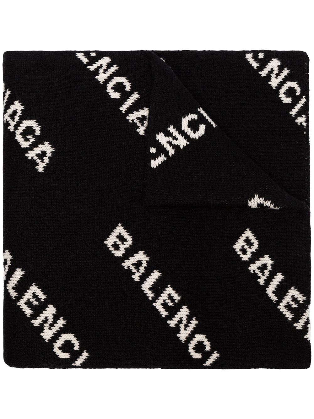 Shop Balenciaga Black And White Logo Intarsia Wool Blend Scarf