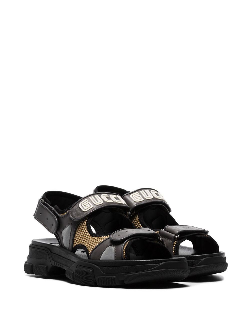 Gucci black, Yellow And Grey Mesh And Leather Sandals - Farfetch