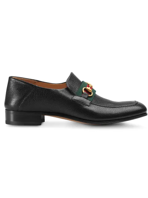 Click to view more detailed imagery on our partner's website Gucci Bonny Horsebit Collapsible-Heel Webbing-Trimmed Full-Grain Leather Loafers In Black