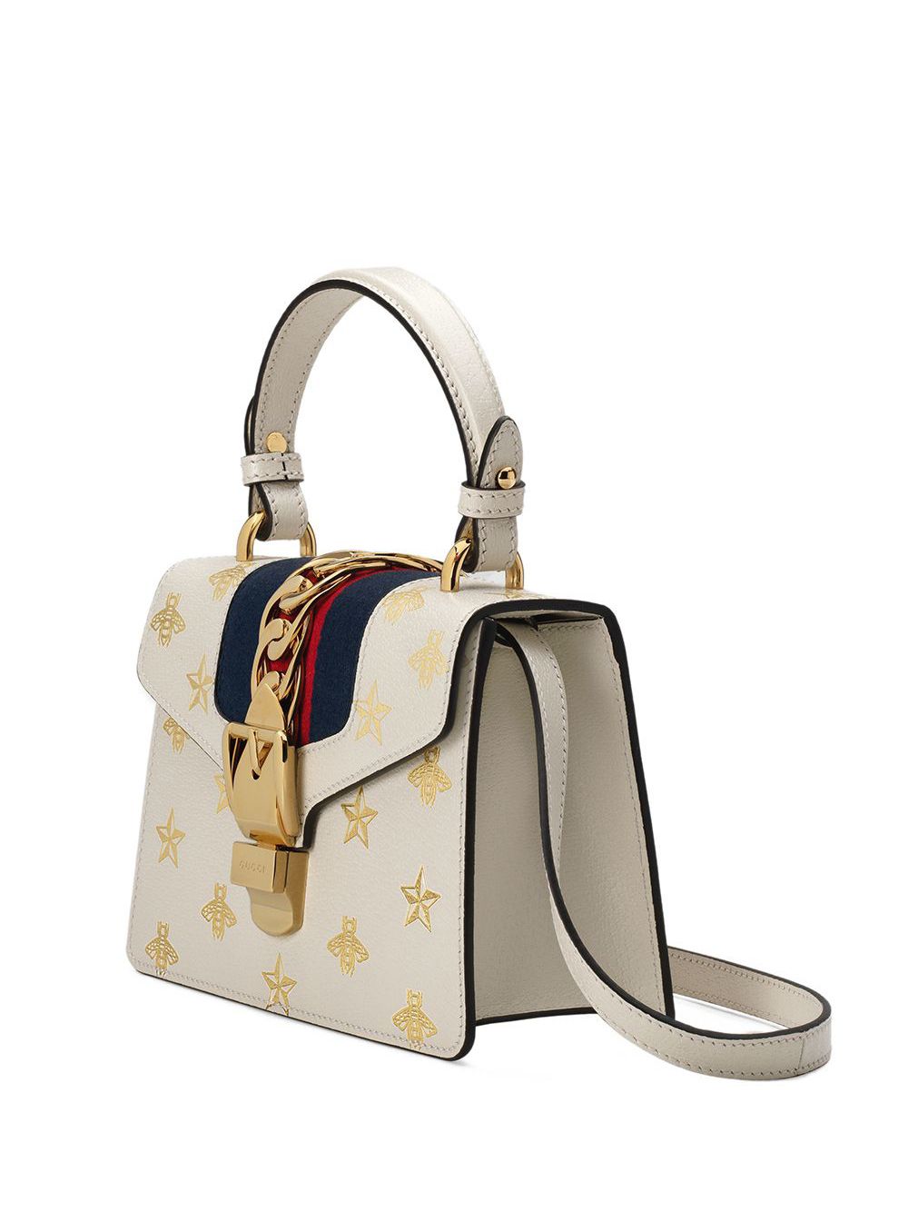 Authenticated Gucci Small Bee Star Sylvie Crossbody White Calf Leather Bag