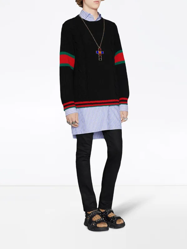 Gucci Cable Knit Web Sweater - Black - Crew Neck