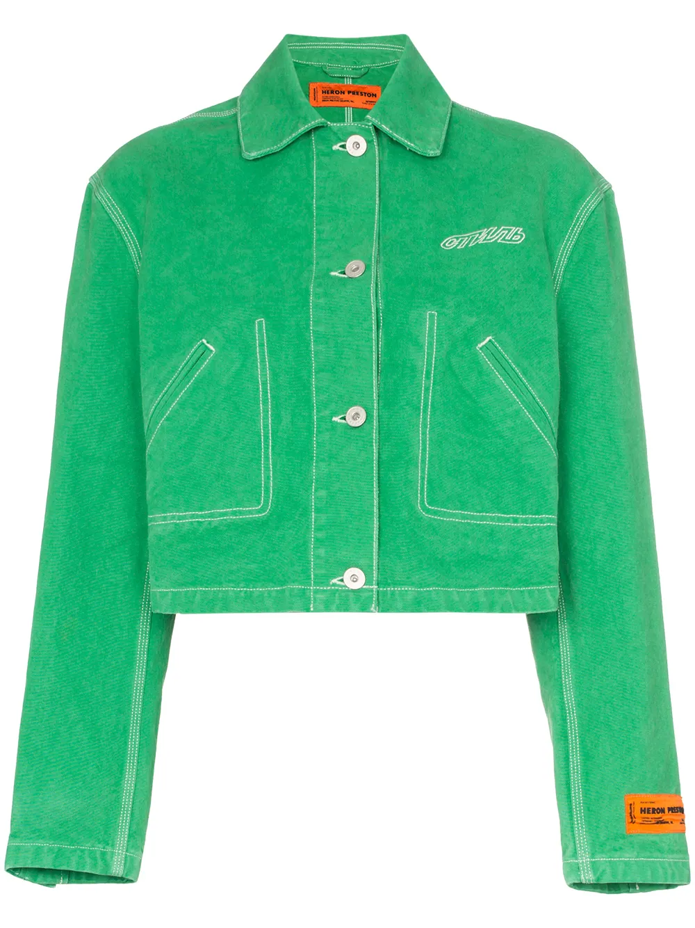 Heron Preston Jackets HERON PRESTON CTNMB EMBROIDERED CROPPED DENIM JACKET - GREEN