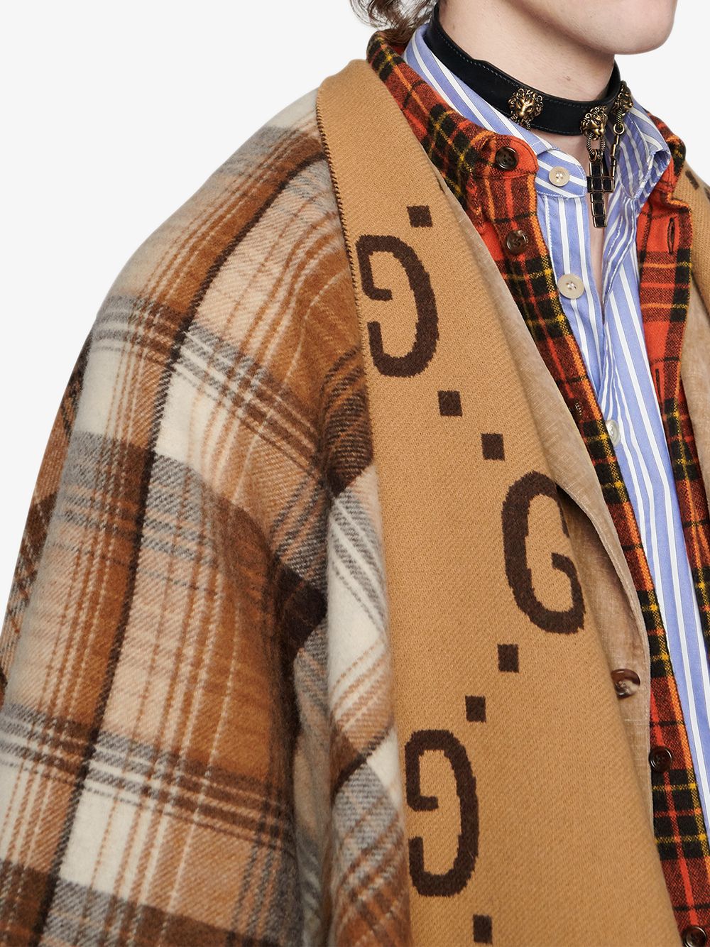 Gucci Wool Fringed Scarf GG Logo Full Pattern Beige 45 x 180cm
