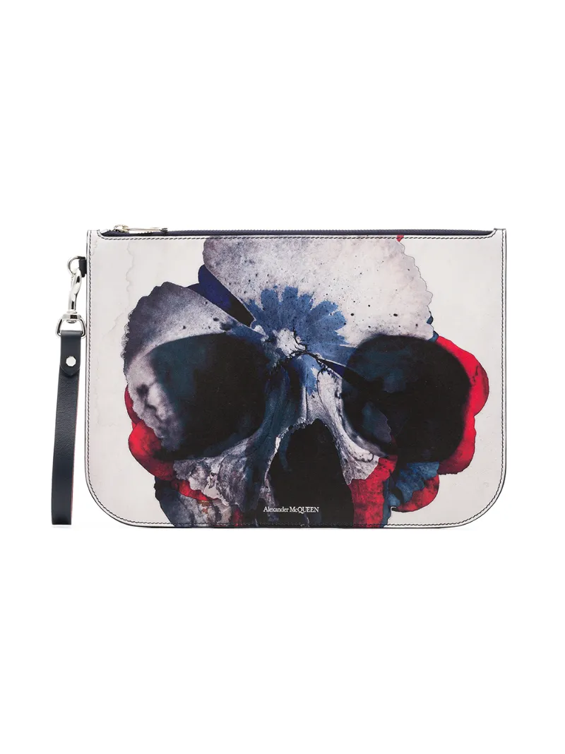 Alexander McQueen white flower skull print leather pouch – Blue