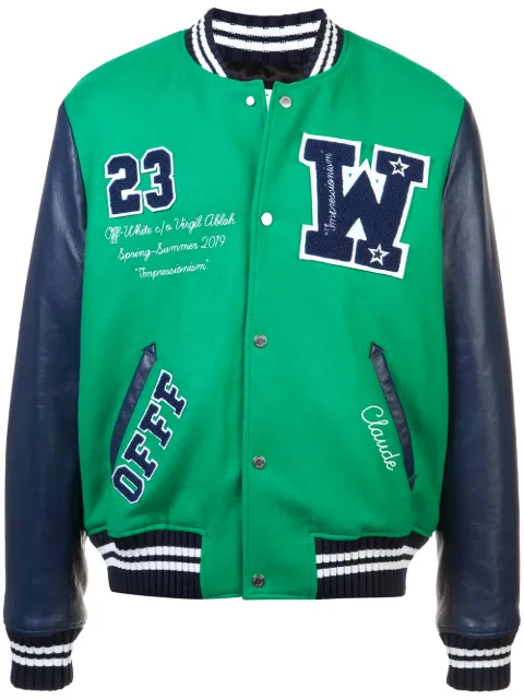 Eagle Logo Leather Sleeve Varsity Jacket Green Navy White In 4088