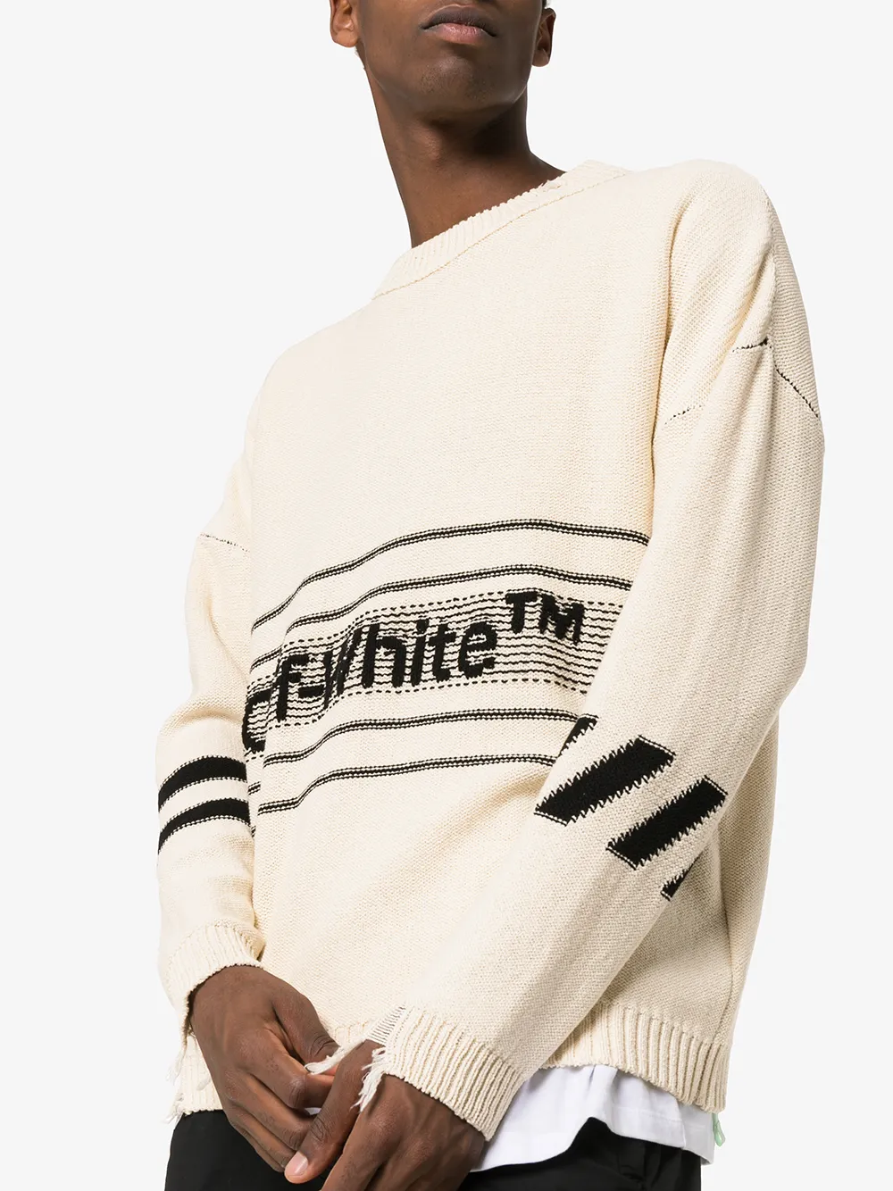 Off White Logo Intarsia Distressed Cotton Blend Jumper Off White Logo Intarsia Distressed Cotton Blend Jumper