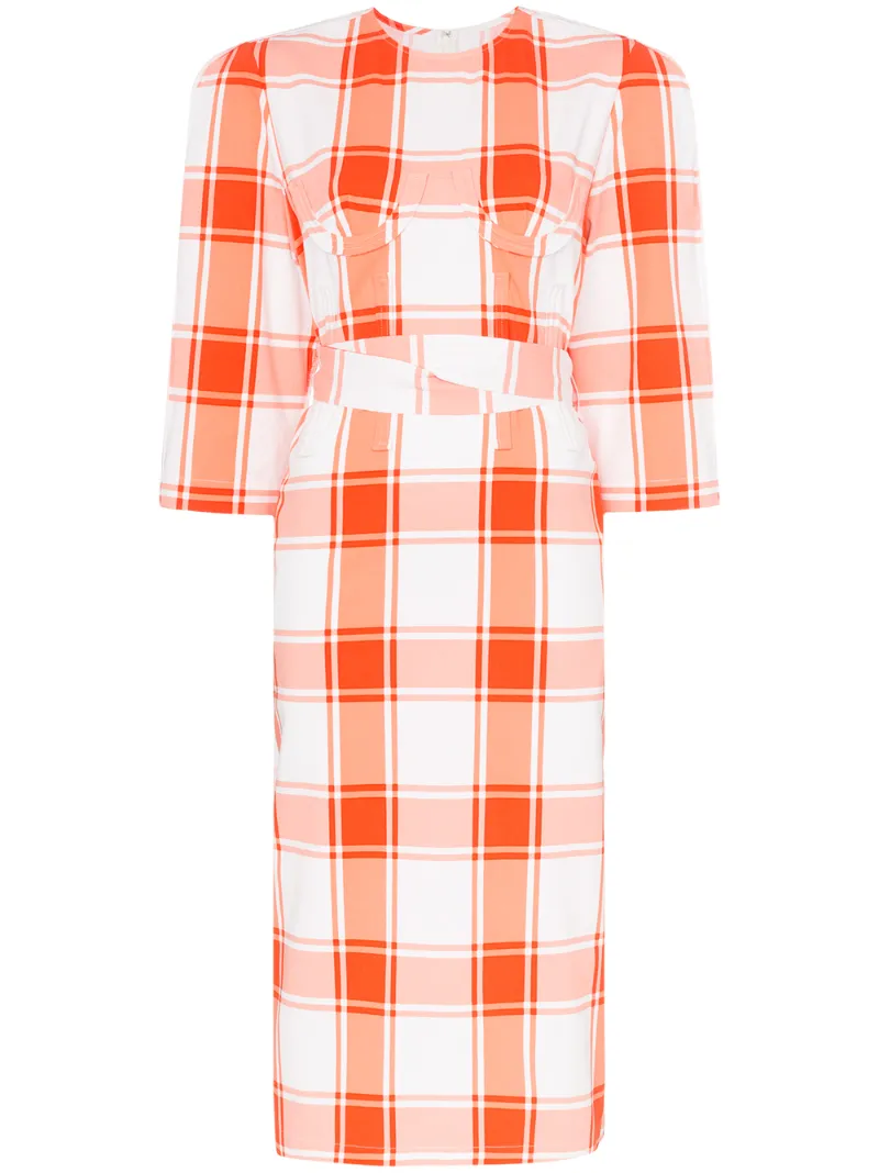 PushBUTTON check print three-quarter sleeve belted midi dress