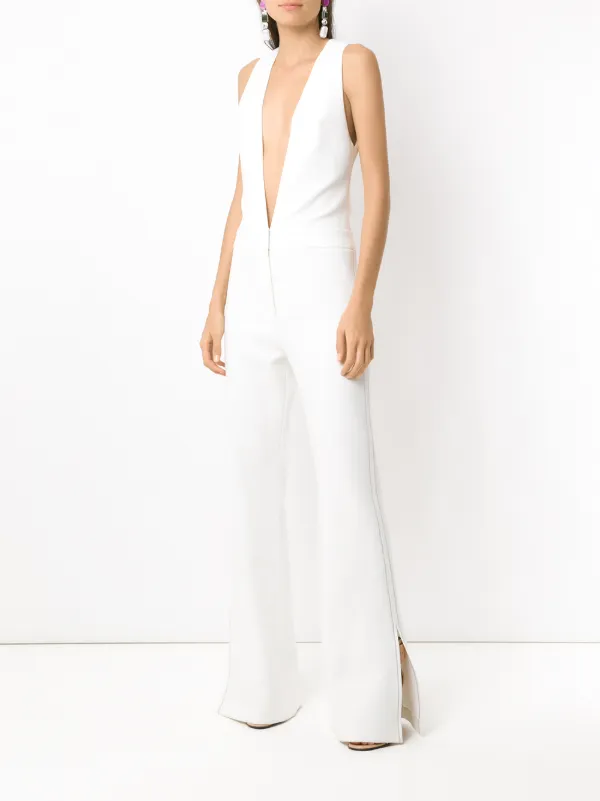white plunge neck jumpsuit
