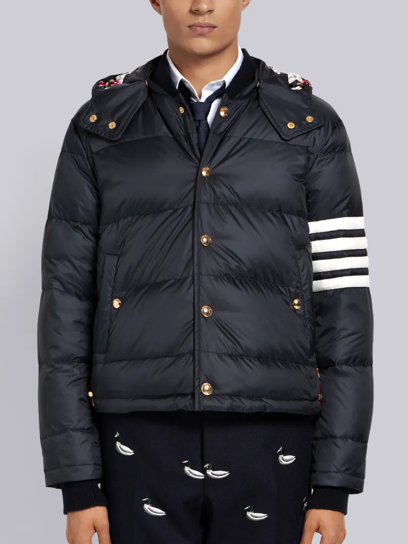 Navy Matte Nylon 4-Bar Down Bomber Jacket | Thom Browne Official