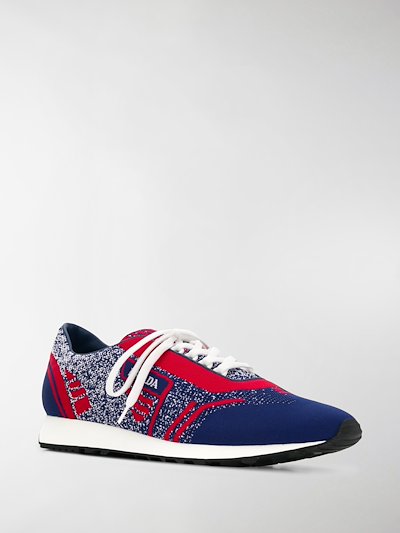 Prada blue and red Milano 70 knitted low top sneakers blue | MODES