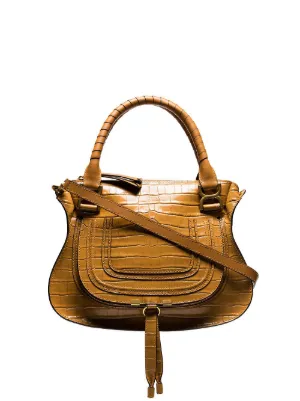 Brown Croc Print Embossed Leather Shoulder Bag
