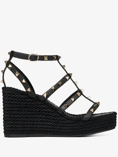 Valentino Garavani Rockstud ankle strap wedge sandal in calfskin leather 95 mm