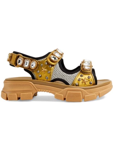 leather and mesh sandal with crystals