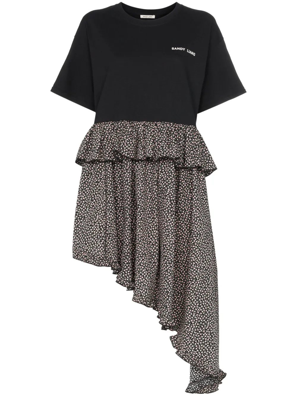 Sandy Liang Dresses SANDY LIANG FOUR FLORAL PRINT ASYMMETRIC DRESS - BLACK
