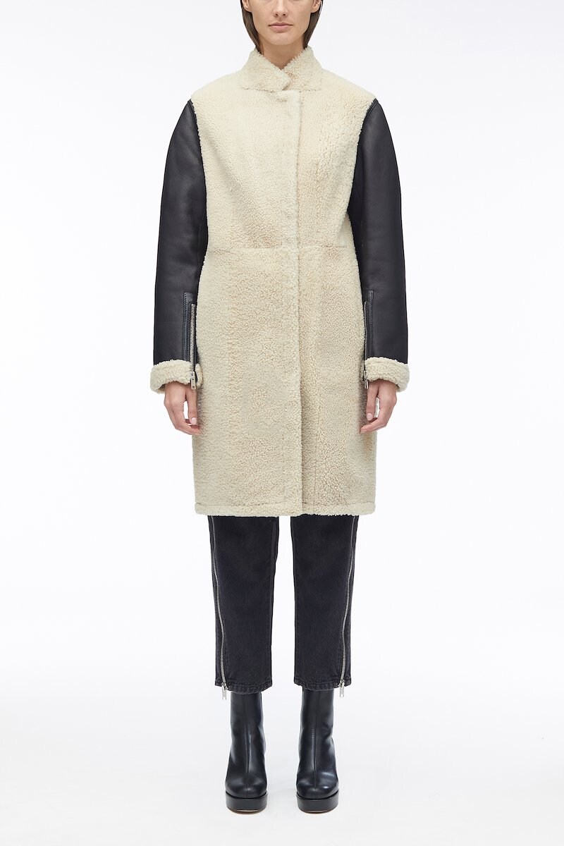 Shearling Coat, Black/natural Sheepskin shearling coat from 3.1 Phillip Lim featuring stand-up collar, front zip fastening, long sleeves and zipped cuffs.- 0