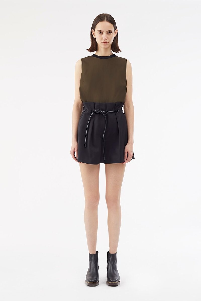 origami pleated shorts, Black cotton origami pleated shorts from 3.1 Phillip Lim featuring tied waist, belt loops, concealed front fastening, two side inset pockets and rear flap pocket.- 0
