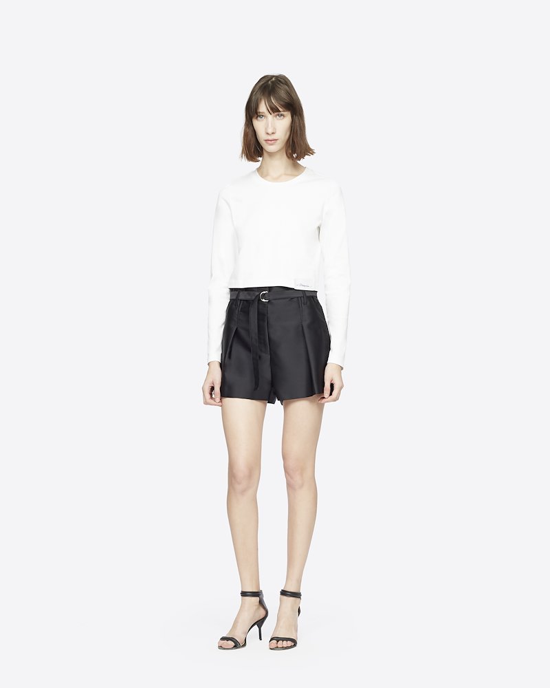 satin origami shorts-black #0 satin origami shorts, Black silk satin origami shorts from 3.1 Phillip Lim featuring belted waist, concealed front fastening, two side inset pockets, two rear welt pockets and satin finish.- 2