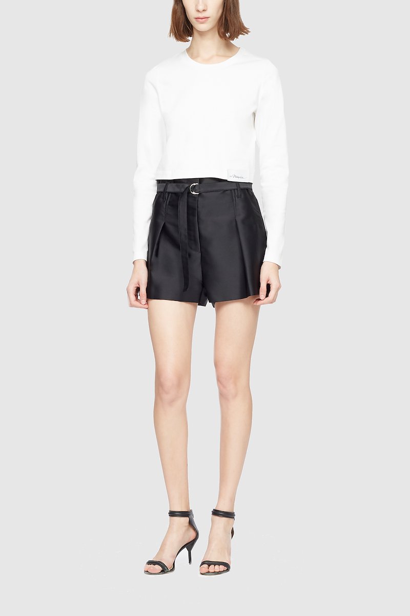 satin origami shorts-black #0 satin origami shorts, Black silk satin origami shorts from 3.1 Phillip Lim featuring belted waist, concealed front fastening, two side inset pockets, two rear welt pockets and satin finish.- 0