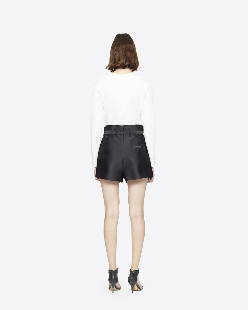 satin origami shorts-black #0 satin origami shorts, Black silk satin origami shorts from 3.1 Phillip Lim featuring belted waist, concealed front fastening, two side inset pockets, two rear welt pockets and satin finish.- 4