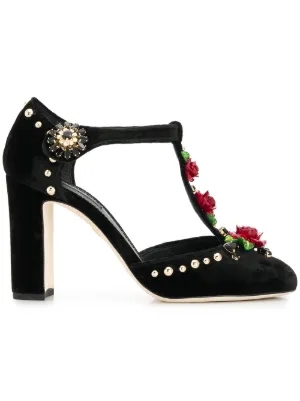 embroidered T-straps pumps